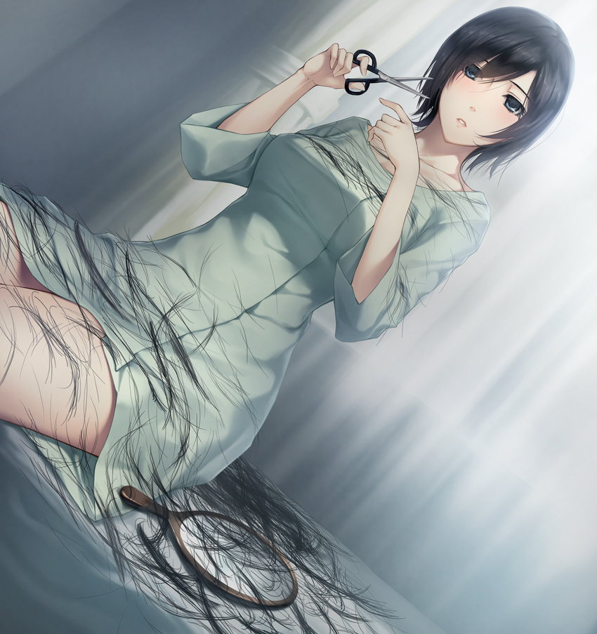 1girl bed black_eyes black_hair blush breasts cutting_hair game_cg haircut highres innocent_grey kara_no_shoujo_2 kayahara_yukiko large_breasts legs looking_at_viewer mirror scissors short_hair sitting solo sugina_miki thighs