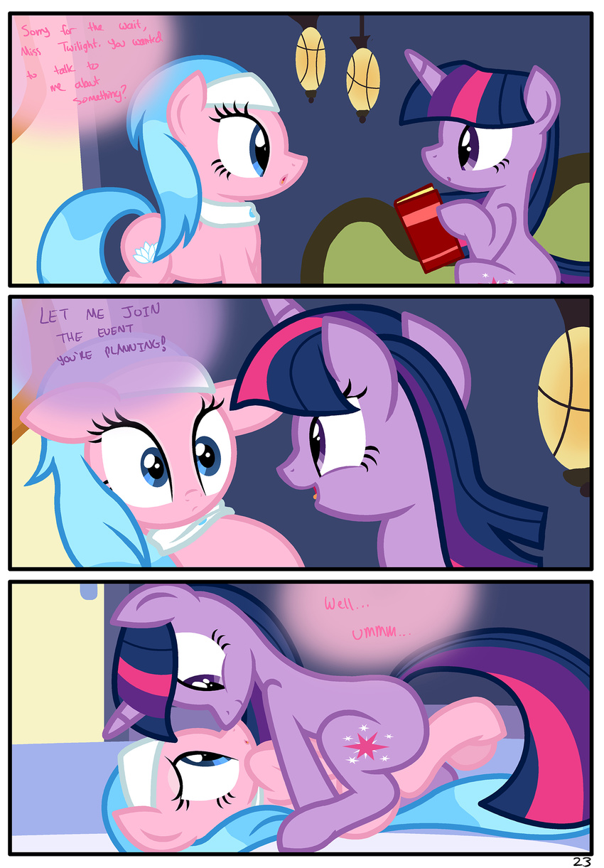 blue_eyes blue_hair comic dialog english_text equine friendship_is_magic fur hair hi_res horn horse mammal my_little_pony pink_fur pony purple_eyes purple_fur purple_hair pyruvate text twilight_sparkle_(mlp) unicorn