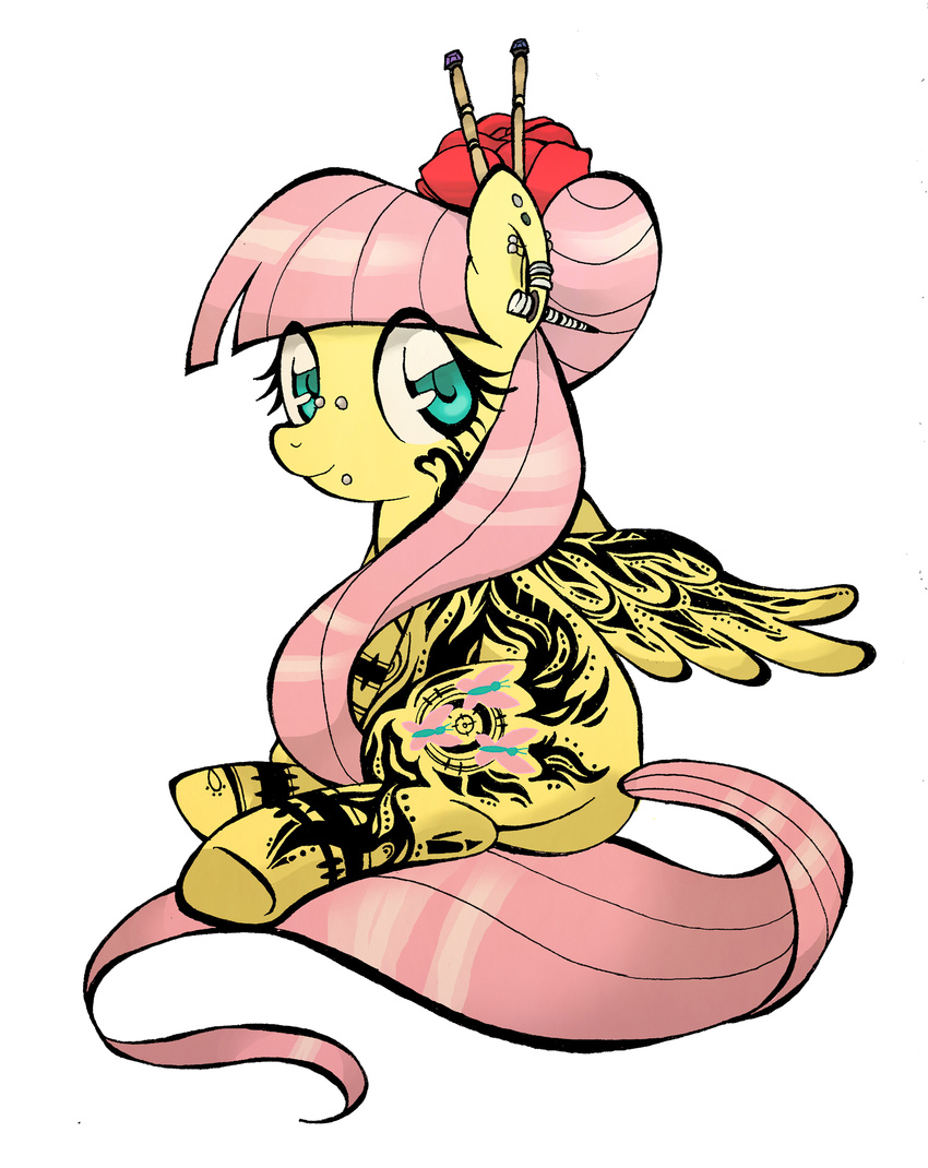 chopsticks cutie_mark cyan_eyes ear_piercing equine facial_piercing female flower fluttershy_(mlp) friendship_is_magic fur hair horse long_hair looking_at_viewer lying mammal my_little_pony nose_piercing on_side pegasus piercing pink_hair plain_background pony rose solo tattoo white_background wings yellow_fur