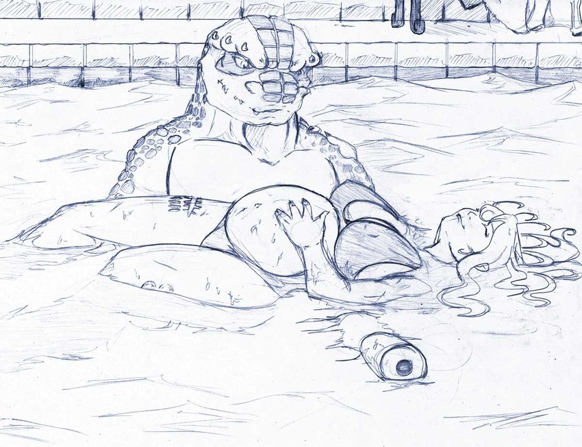 anthro bed big_belly big_breasts bikini breasts clothing eyewear female general_scales glasses human lizard male mammal metroid monochrome pool pregnant reptile samus_aran scalie smile star swimsuit water yawg