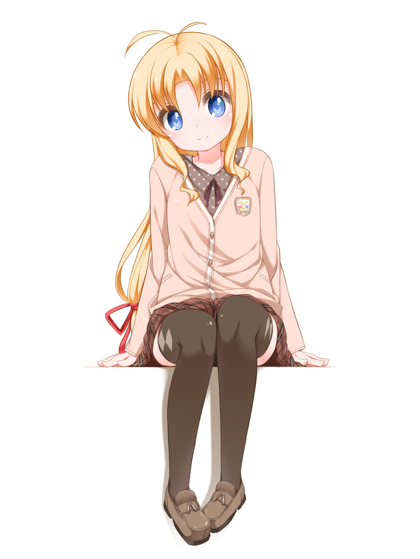 antenna_hair argyle argyle_legwear black_legwear blonde_hair blue_eyes blush cardigan emblem full_body hair_ribbon head_tilt highres kashiwagi_hatsune kizuato loafers long_hair plaid plaid_skirt polka_dot ribbon school_uniform shoes shouji_ayumu simple_background sitting skirt sleeves_past_wrists smile solo sweater thighhighs very_long_hair white_background