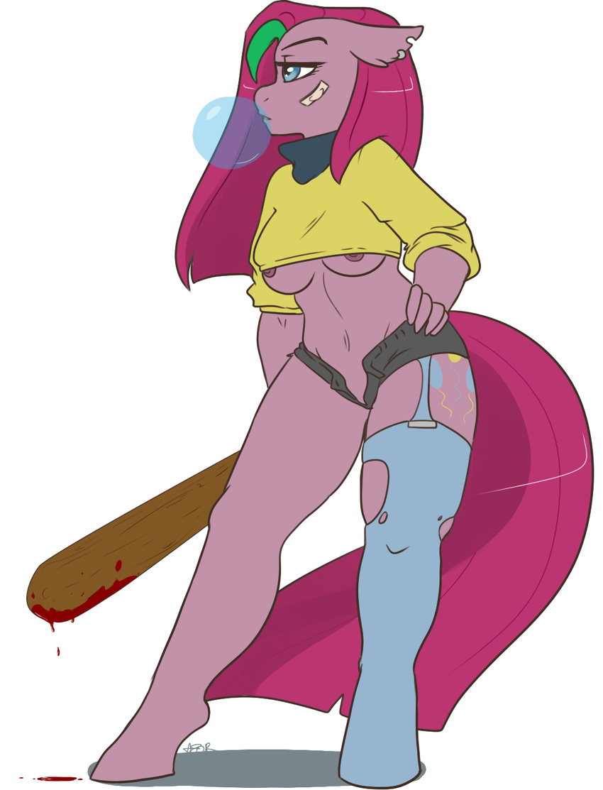 anthro anthrofied arnachy band-aid baseball_bat blood blue_eyes breasts bubble_gum clothed clothing cutie_mark equine female friendship_is_magic fur hair holding horse legwear long_hair mammal my_little_pony navel nipples pink_fur pink_hair pinkamena_(mlp) pinkie_pie_(mlp) plain_background pony skimpy solo standing stockings torn_clothing under_boob white_background