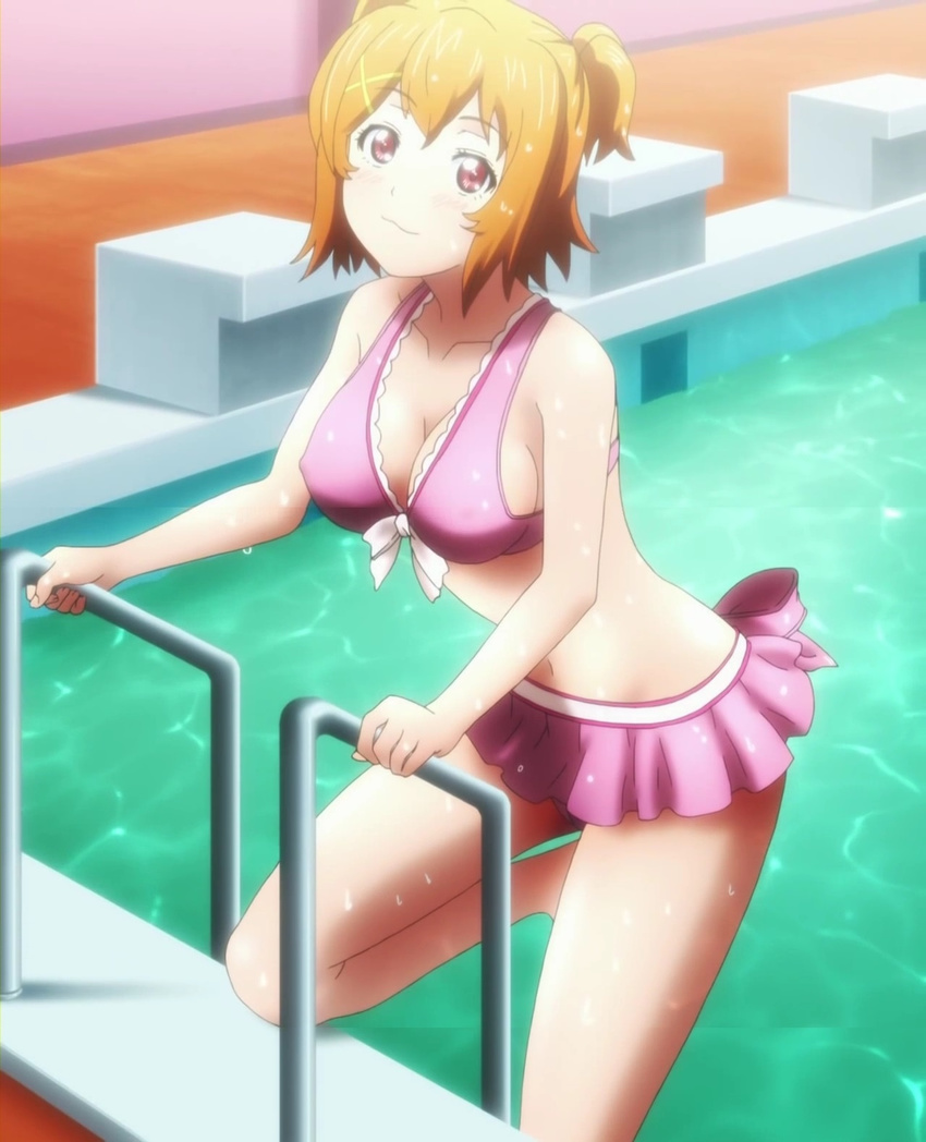 1girl arm_support bare_legs bare_shoulders bikini breasts brown_hair cleavage collarbone covered_nipples erect_nipples female fingernails frilled_bikini frills front-tie_top grabbing hair_ornament highres kushiya_inaho legs looking_at_viewer maken-ki! midriff navel pink_bikini pool poolside red_eyes screencap shadow short_hair smile solo stitched swimsuit thighs water wet wet_hair