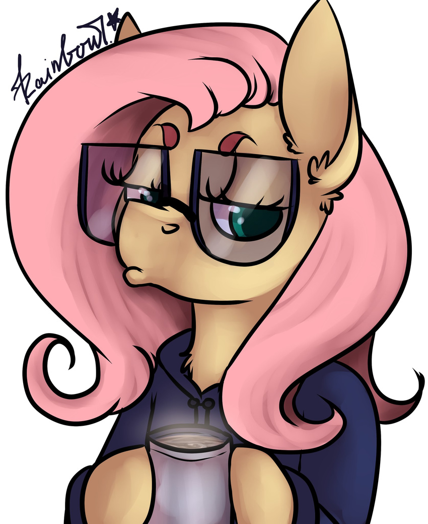 cup cyan_eyes equine eyewear female fluttershy_(mlp) friendship_is_magic fur glasses hair hipster hoodie horse looking_at_viewer mammal my_little_pony mylittlerainbow-time pink_hair plain_background pony solo steam white_background yellow_fur