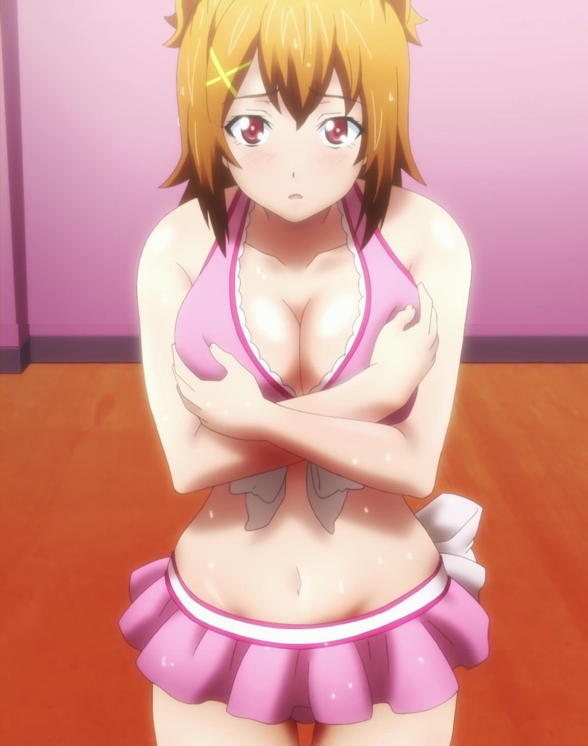 1girl bare_shoulders bikini blush breasts brown_hair cleavage collarbone covering covering_breasts crossed_arms female fingernails frilled_bikini frills front-tie_top hair_between_eyes hair_ornament hands highres indoors kushiya_inaho looking_at_viewer maken-ki! midriff navel open_mouth pink_bikini red_eyes screencap shiny shiny_skin short_hair solo standing stitched swimsuit thigh_gap wet wet_hair