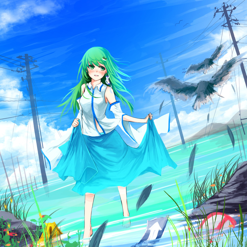 absurdres bird blue_skirt blue_sky blush cloud cloudy_sky damaged day detached_sleeves feathers frog_hair_ornament grass green_eyes green_hair hair_ornament hair_tubes highres horizon kochiya_sanae metalwasabi open_mouth outdoors power_lines sign skirt skirt_hold sky snake_hair_ornament touhou vest wading water wind