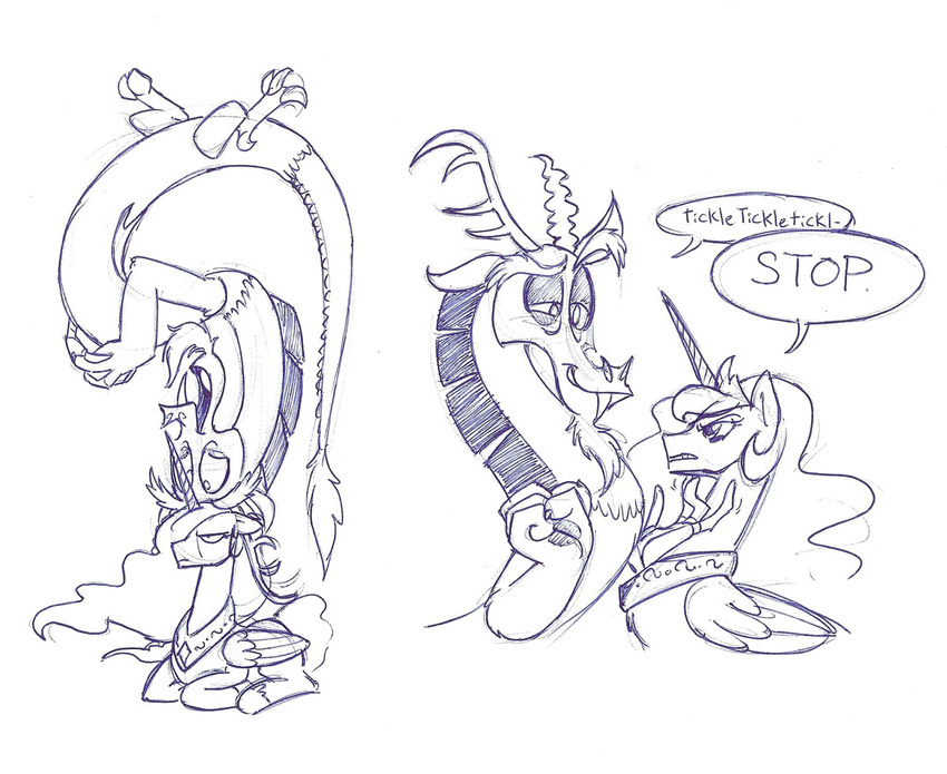 annoyed discord_(mlp) draconequus english_text equine female feral friendship_is_magic horn horse male mammal mickeymonster monochrome my_little_pony pony princess_celestia_(mlp) text winged_unicorn wings