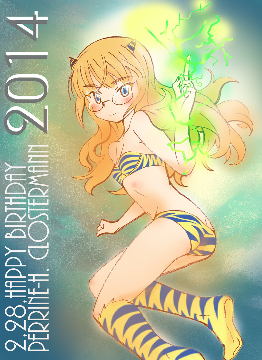 2014 absurdres animal_print bikini birthday blue_eyes boots character_name cosplay dated electricity flat_chest glasses happy_birthday highres horns index_finger_raised knee_boots lightning long_hair looking_at_viewer lum lum_(cosplay) magic multicolored multicolored_background oni orange_hair perrine_h_clostermann smile solo strike_witches swimsuit terao_hiroyuki tiger_print twisted_torso urusei_yatsura world_witches_series