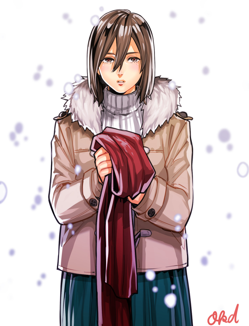 blurry blush brown_eyes brown_hair contemporary cowboy_shot depth_of_field expressionless fur_trim highres jacket looking_at_viewer mikasa_ackerman okada_(hoooojicha) open_mouth scarf shingeki_no_kyojin short_hair skirt snow snowing solo turtleneck white_background winter_clothes