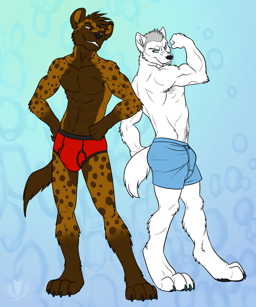 anthro armpits athletic bare_foot barefoot biceps black_nose black_pawpads blue_eyes blue_underwear body_hair body_markings boxer boxers brief briefs brown_fur brown_hair buddy-ship bulge canine claws cocky_attitude couple duo ember_eyes fangs fit flexing fur gay gear_(dhalo) grey_fur grey_hair grin hair hairy hyena jock love male mammal markings muscles musk orange_eyes pawpads paws pecs pose red_and_black_underwear rei_(jaysilverfox) showing_off smile spots spotted_fur spotted_hyena standing tan_fur teeth toe_claws toned topless tuft underwear vallhund white_fur white_wolf wolf