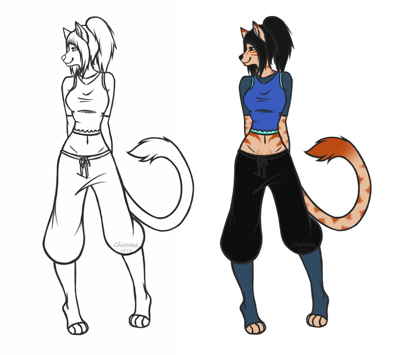 black_hair breasts brown_fur chiroina chyo clothed clothing colored examples feline female flat flat_colors fur green_eyes hair line_art mammal my new sona striped_body