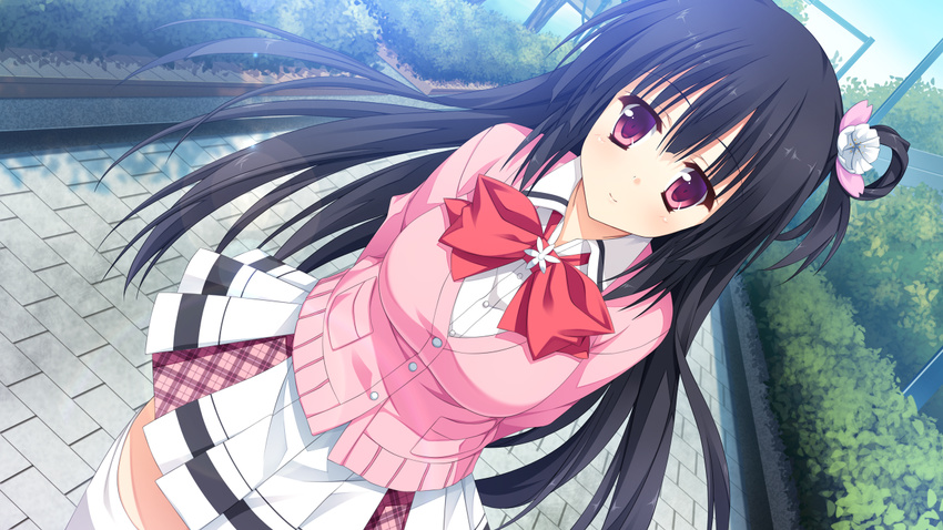 black_hair bow game_cg glace hikage_honoka koishiki_manual long_hair pink_eyes saeki_nao skirt