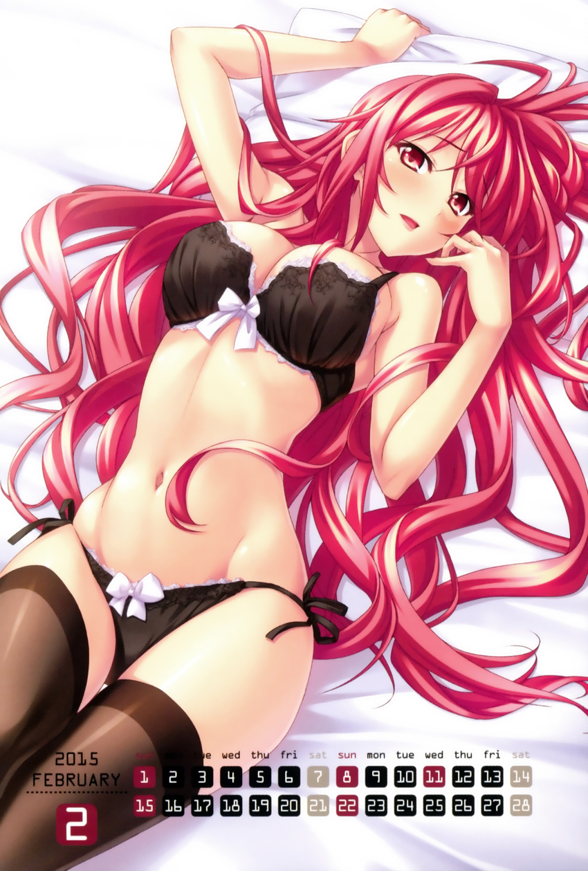 2014 2015 absurdres arm_up black_bra black_legwear black_panties bow bow_panties bra breasts cleavage corticarte_apa_lagranges february highres kannatsuki_noboru large_breasts lips long_hair lying navel on_back open_mouth panties red_eyes red_hair scan shinkyoku_soukai_polyphonica side-tie_panties solo thighhighs underwear underwear_only very_long_hair