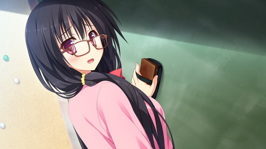 black_hair game_cg glace glasses hikage_honoka koishiki_manual long_hair pink_eyes saeki_nao