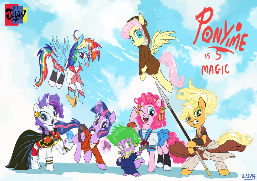 anime applejack_(mlp) blade blue_eyes bow cigarette clothed clothing cloud dress equine fangs female fluttershy_(mlp) flying freckles friendship_is_magic gem green_eyes group gun hair haruhi_suzumiya hi_res hoodie horn izumi_konata jowybean lina_inverse male mammal multi-colored_hair my_little_pony pegasus piercing pink_hair pinkie_pie_(mlp) polearm ponytail purple_eyes rainbow_dash_(mlp) rainbow_hair ranged_weapon rarity_(mlp) schoolgirl skirt sky slit_pupils spike_(mlp) spike_speagal staff suit tongue tongue_out twilight_sparkle_(mlp) unicorn weapon winged_unicorn wings