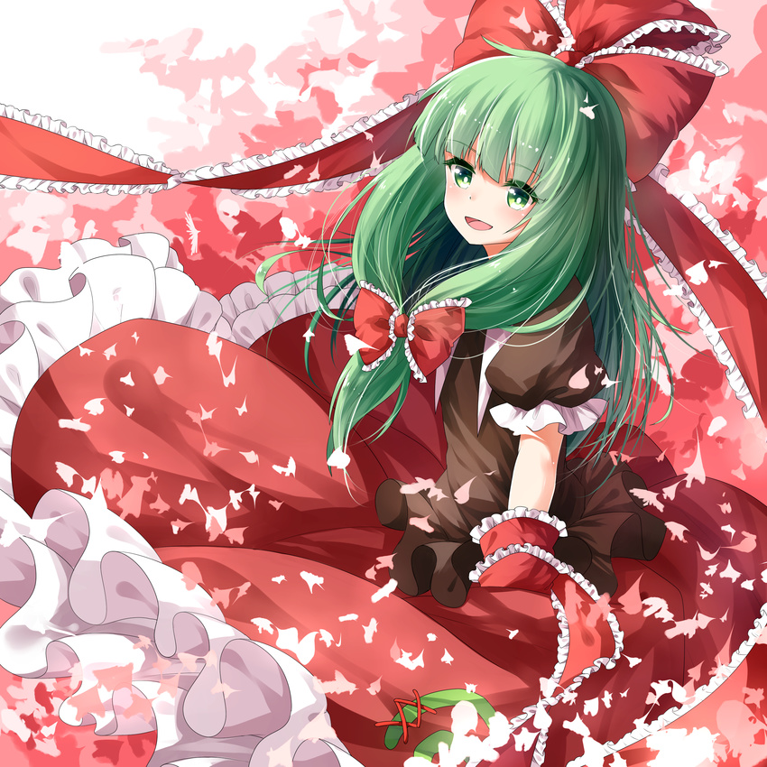 absurdres arm_ribbon bow front_ponytail green_eyes green_hair hair_bow highres kagiyama_hina long_hair open_mouth petals puffy_sleeves ribbon shirt short_sleeves skirt smile solo touhou transistor very_long_hair