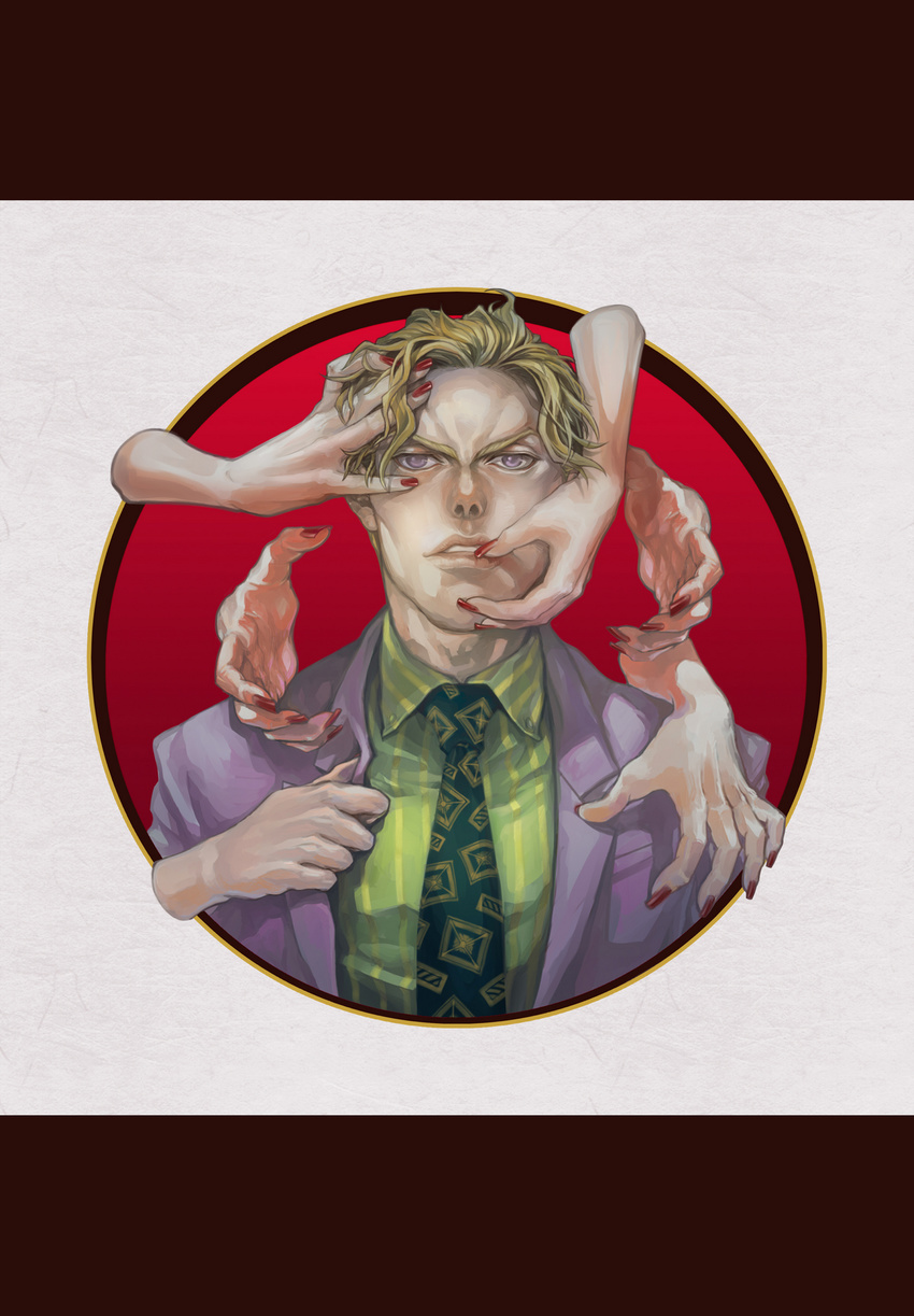 blonde_hair blue_eyes disembodied_limb formal hand_on_another's_face highres jojo_no_kimyou_na_bouken killuaz1130 kira_yoshikage necktie severed_hand solo_focus suit