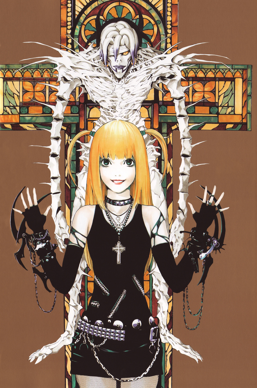 absurdres amane_misa aqua_eyes bandage_over_one_eye bandages bangs bare_shoulders belt black_eyes black_skirt blonde_hair bracelet buckle chain collar cross cross_necklace death_note earrings elbow_gloves fangs fingerless_gloves fishnet_pantyhose fishnets gloves gothic heart heart_necklace highres hoop_earrings jewelry lipstick long_hair makeup necklace o-ring obata_takeshi official_art pantyhose red_lipstick rem_(death_note) ring scan shinigami skirt skull_and_crossbones skull_necklace slit_pupils smile stained_glass studded_belt studded_bracelet studded_collar two_side_up yellow_sclera zipper