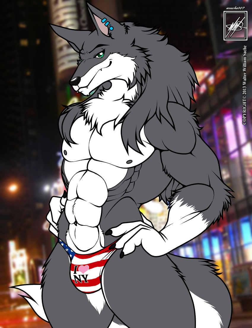 &lt;3 abs absurd_res biceps brown_fur bulge canine chest_tuft colored fur hi_res inks male mammal muscles nipples pecs smile solo standing thong topless tuft walter_sache wolf