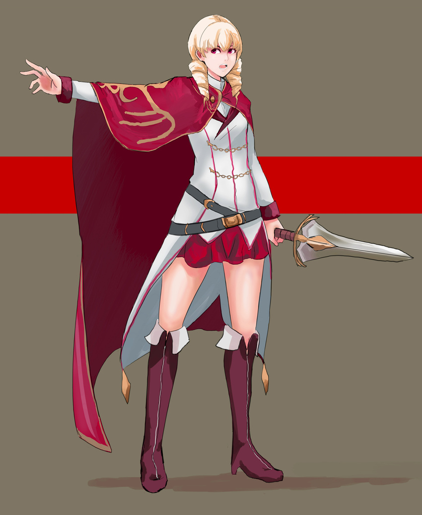 absurdres belt blonde_hair boots cape drill_hair erika_wagner full_body highres knee_boots left-handed outstretched_arm red_eyes red_seiryu short_sword simple_background skirt solo sword tailcoat twin_drills twintails under_night_in-birth weapon