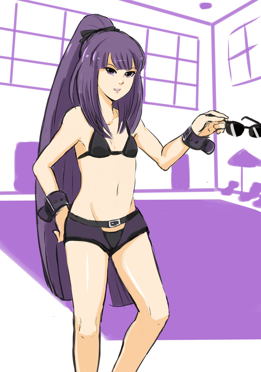 absurdres amanohokosaka_mei bikini_top eyewear_removed flat_chest hair_ribbon hand_on_hip highres long_hair purple_eyes purple_hair red_seiryu ribbon short_shorts shorts sunglasses very_long_hair wrist_straps xblaze xblaze_code:_embryo