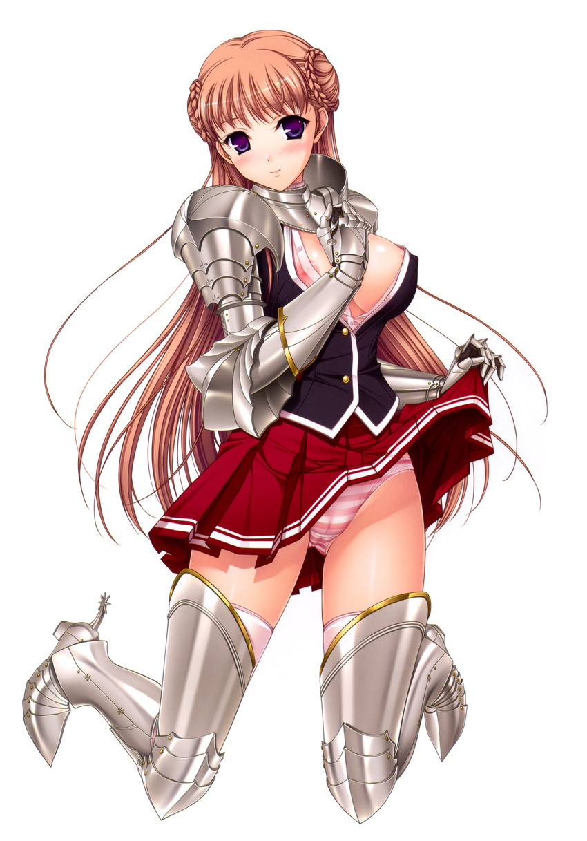 1girl absurdres areola areolae armor blush bra breasts brown_hair highres large_breasts long_hair looking_at_viewer miniskirt noel_maresse_ascot official_art panties purple_eyes short_skirt simple_background skirt skirt_lift smile solo underwear upskirt walkure_romanze