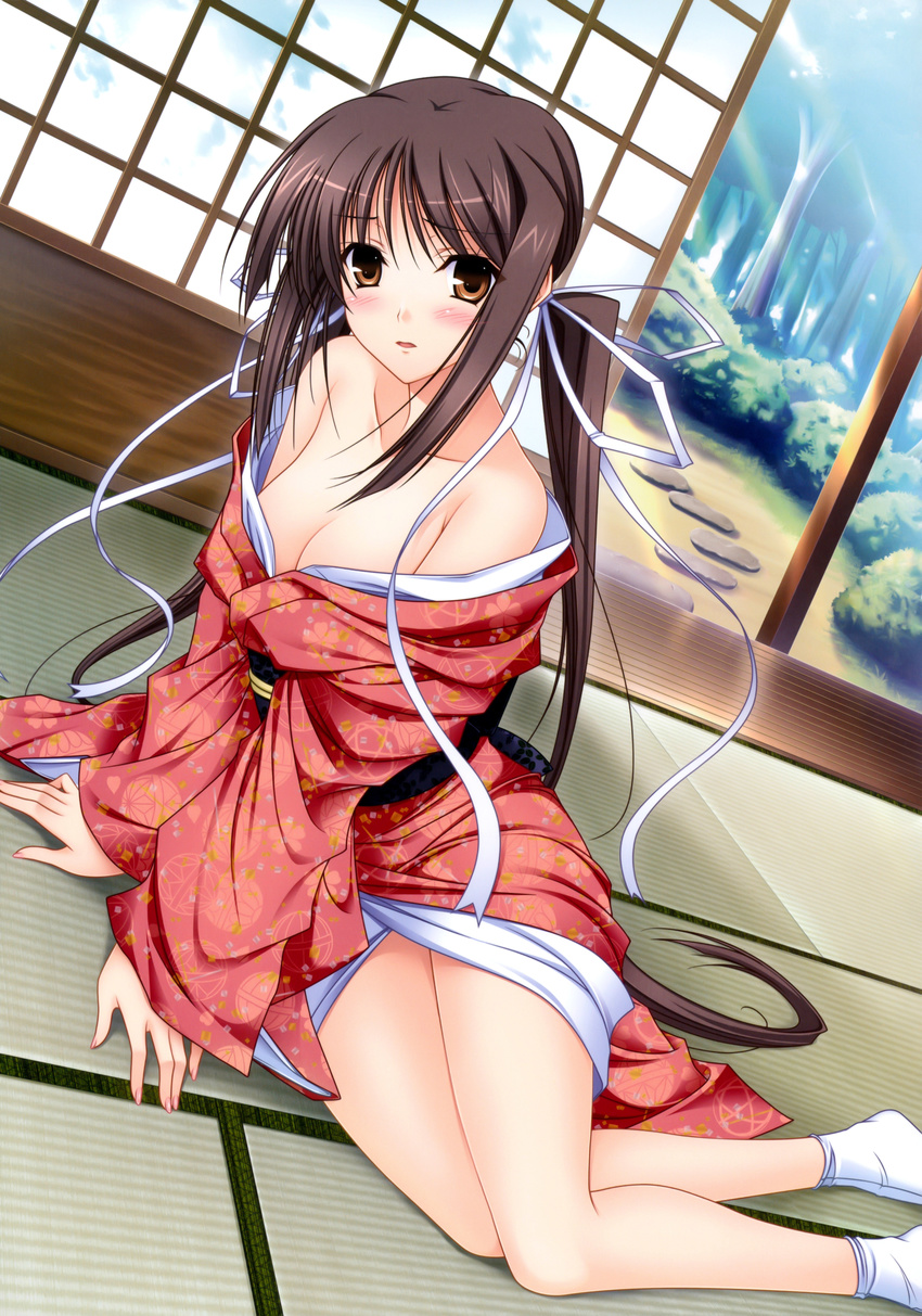 absurdres arm_support bangs bare_legs bare_shoulders black_hair blush breasts brown_eyes bush cleavage dutch_angle forest full_body garden hair_ribbon highres houjouin_seika indoors japanese_clothes kimono komori_kei light_rays long_hair long_sleeves looking_at_viewer low_twintails medium_breasts nature obi off_shoulder official_art on_floor open_door parted_lips princess_lover reclining ribbon rock sash scan shouji sidelocks sitting sliding_doors sunbeam sunlight tabi tatami tree twintails veranda very_long_hair yokozuwari