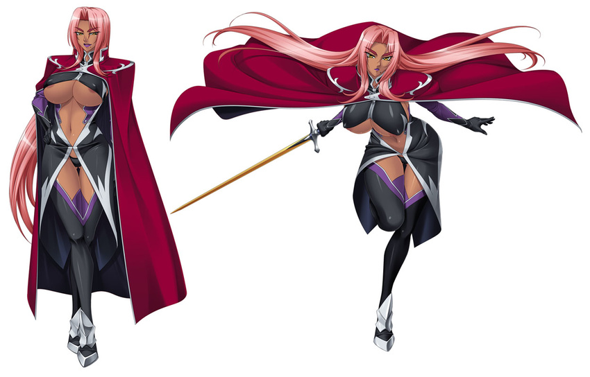 1girl areola_slip areolae black_panties boots breasts cape character_sheet dark_skin elbow_gloves erect_nipples expressionless female floating_hair full_body game_cg gloves hair_intakes hand_on_hip hands head_tilt holding ingrid_(taimanin_asagi) kagami kagami_hirotaka large_breasts leaning_forward legs legs_crossed lilith-soft lipstick long_hair looking_at_viewer makeup mole navel no_bra panties parted_lips pink_hair shiny shiny_clothes shiny_hair shiny_skin simple_background standing standing_on_one_leg sword taimanin_asagi taimanin_asagi_3 taimanin_murasaki thigh_boots thigh_gap thighhighs thighs underboob underwear very_long_hair wallpaper weapon white_background yellow_eyes