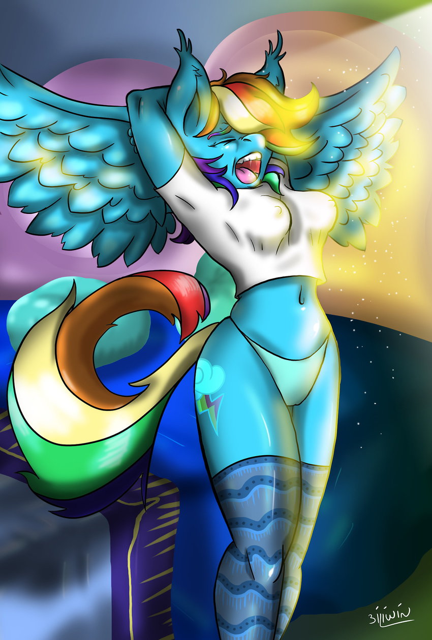 anthro anthrofied arms_behind_head bed blue_fur clothing crop_top cutie_mark equine eyes_closed female friendship_is_magic fur hair horse mammal midriff multi-colored_hair my_little_pony navel open_mouth panties pegasus perky pony rainbow_dash_(mlp) rainbow_hair saliva solo teeth thigh_highs thigh_socks tongue underwear wings xxxbiliwinxxx yawn