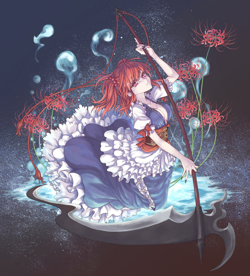 breasts cleavage flower hair_bobbles hair_ornament highres looking_at_viewer medium_breasts mumulatte onozuka_komachi pink_eyes red_hair scythe short_hair solo spider_lily touhou two_side_up