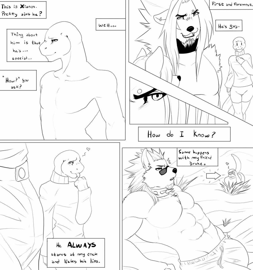 anthro black_and_white bulge calheb calheb-db canine clothed clothing collar comic cuntboy dialog drake_(character) ear_piercing english_text eyewear flat_chested hair half-dressed intersex lizard long_hair male mammal monochrome piercing plain_background reptile scalie spiked_collar sunglasses text tongue tongue_out wide_hips xianos