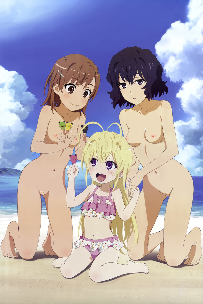 3girls absurdres antenna_hair barefoot beach black_hair blonde_hair blush breasts brown_eyes brown_hair cloud febrie feet female girl happy highres kneeling long_hair megami misaka_mikoto multiple_girl multiple_girls navel nipples nude nude_filter nunotaba_shinobu ocean open_mouth photoshop purple_eyes pussy short_hair sitting sky smile swimsuit thighs to_aru_kagaku_no_railgun to_aru_majutsu_no_index toes uncensored water