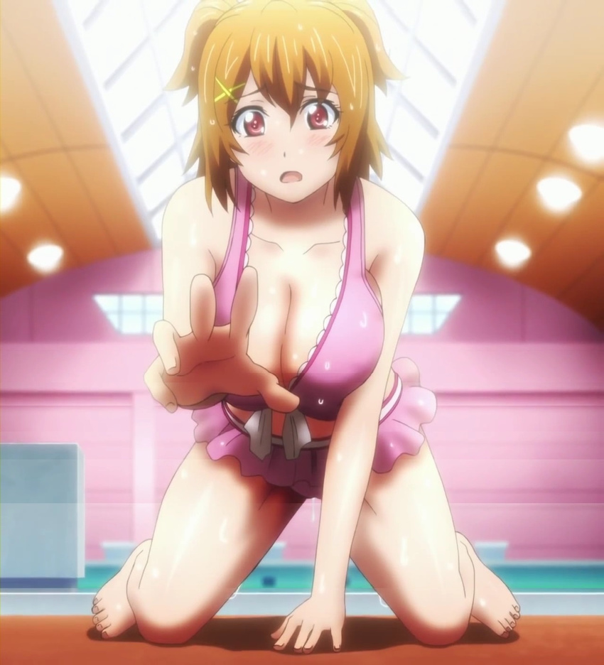 1girl arm_support bare_shoulders barefoot bent_over bikini blush body_blush breasts brown_hair cleavage collarbone feet female fingernails floor foreshortening frilled_bikini frills front-tie_top hair_between_eyes hair_ornament hands highres indoors kneeling kushiya_inaho legs looking_at_viewer maken-ki! midriff open_mouth pink_bikini pool pov pov_eye_contact red_eyes screencap shadow shiny shiny_skin short_hair solo stitched swimsuit thighs toes wet wet_hair window worried