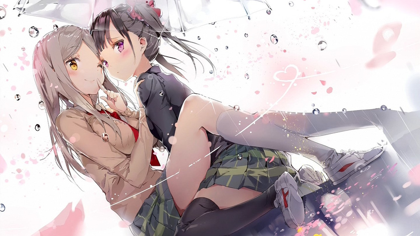 ;) anmi black_legwear blonde_hair blush end_card finger_to_mouth forehead-to-forehead hair_ornament hand_on_another's_shoulder heart long_hair looking_at_viewer minami_shizuku multiple_girls necktie noda_kotone one_eye_closed petals pleated_skirt purple_eyes rain sakura_trick screencap shoes skirt smile straddling thighhighs transparent transparent_umbrella twintails umbrella upright_straddle water_drop white_background white_legwear yellow_eyes yuri zettai_ryouiki