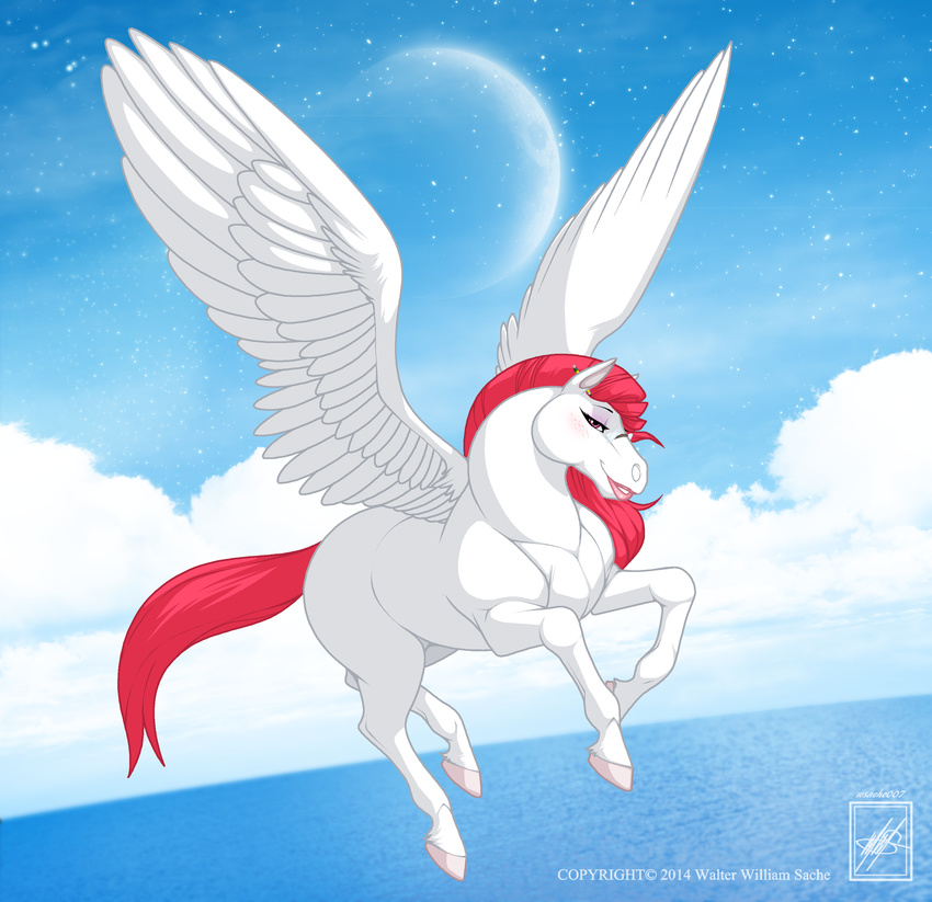 absurd_res cloud equine eyewear female freckles fur glasses hair half-closed_eyes hi_res hooves horse lips long_hair looking_at_viewer mammal moon pegasus pencil pink_hair pink_lips purple_eyes shadow sky solo walter_sache water white_fur wings