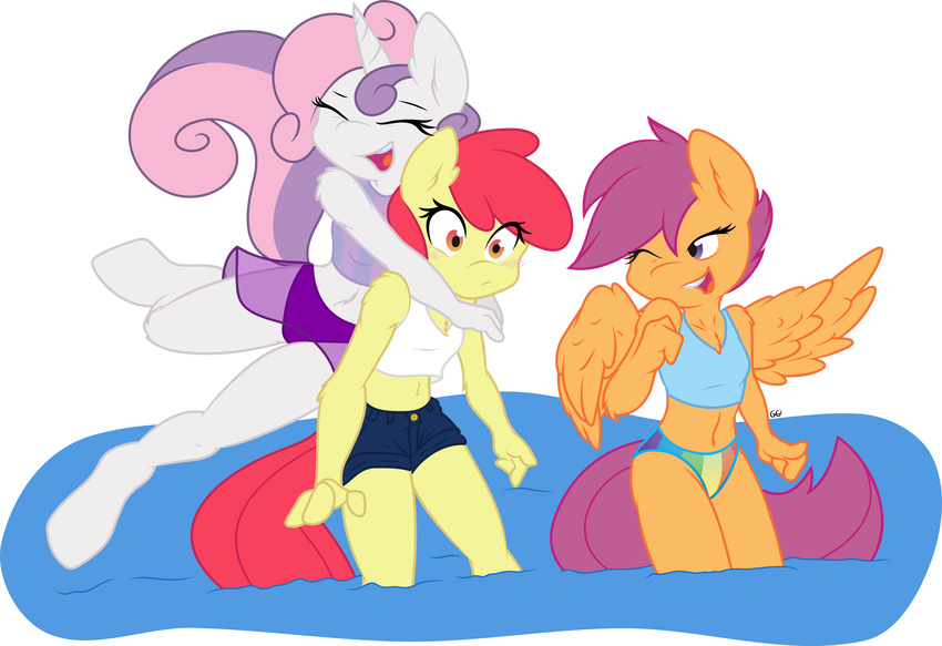 absurd_res alpha_channel amber_eyes ambris anthro anthrofied apple_bloom_(mlp) bikini breasts cleavage clothed clothing equine eyes_closed female friendship_is_magic gray-gold group hair hi_res horn horse mammal my_little_pony navel one_eye_closed pegasus plain_background pony purple_eyes purple_hair red_hair scootaloo_(mlp) sweetie_belle_(mlp) swimsuit transparent_background two_tone_hair unicorn water wings