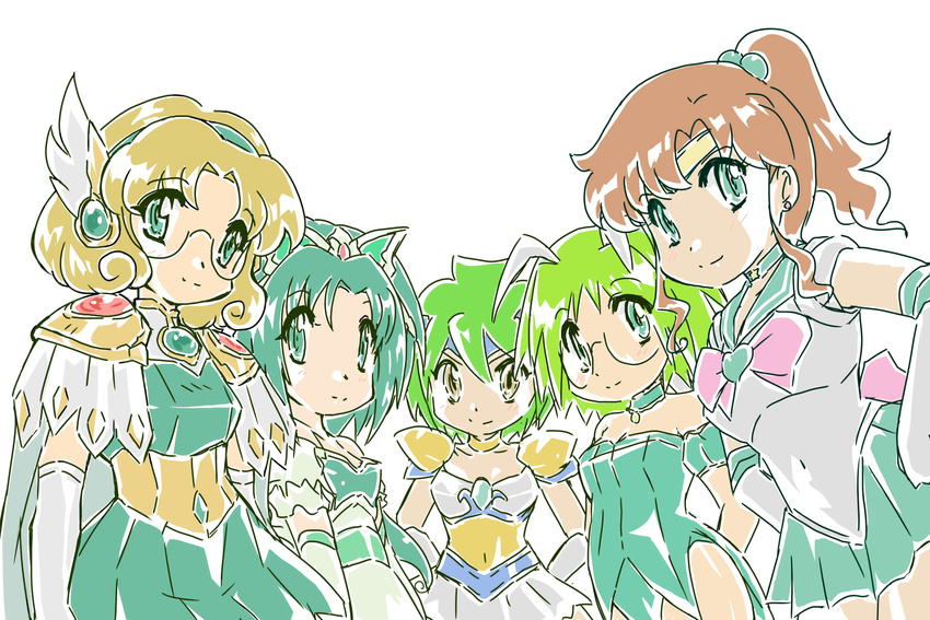 akimoto_komachi angel_daisy armor armored_dress bishoujo_senshi_sailor_moon bow brown_eyes brown_hair choker color_connection crossover cure_mint gem glasses gloves green_choker green_eyes green_hair green_sailor_collar green_shirt green_skirt hair_color_connection hairband hands_on_hips hououji_fuu kino_makoto magic_knight_rayearth magical_girl mew_lettuce midorikawa_lettuce multiple_crossover multiple_girls okuri_ookami pink_bow ponytail precure ribbon round_eyewear sailor_collar sailor_jupiter sailor_senshi_uniform shirt short_hair skirt smile tamano_hinagiku tiara tokyo_mew_mew wedding_peach white_background white_skirt yes!_precure_5