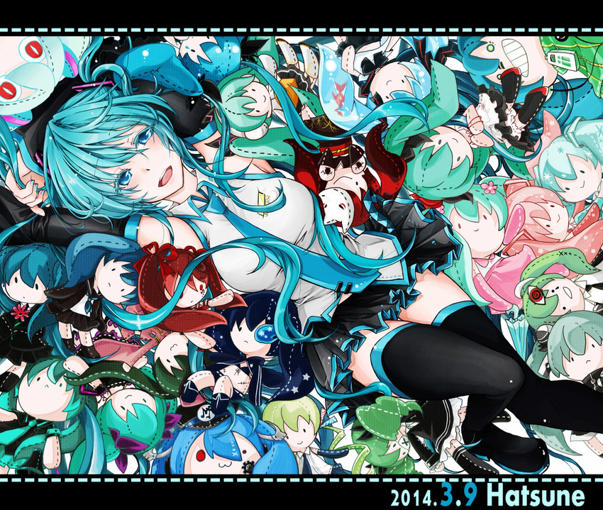 2014 acute_(vocaloid) aimaina aqua_hair black_rock_shooter blue_eyes boots bottle_miku character_doll character_name dated detached_sleeves hatsune_miku highres himitsu_keisatsu_(vocaloid) karakasa_garaku koi_wa_sensou_(vocaloid) letterboxed long_hair matryoshka_(vocaloid) melt_(vocaloid) nail_polish necktie nisoku_hokou_(vocaloid) odds_&amp;_ends_(vocaloid) project_diva_(series) puzzle_(vocaloid) rolling_girl_(vocaloid) sadistic_music_factory_(vocaloid) saihate_(vocaloid) saikin_osen_-_bacterial_contamination_-_(vocaloid) sakura_miku senbon-zakura_(vocaloid) shinkai_shoujo_(vocaloid) skirt solo songover thigh_boots thighhighs ura-omote_lovers_(vocaloid) very_long_hair vocaloid world_is_mine_(vocaloid) yuki_miku