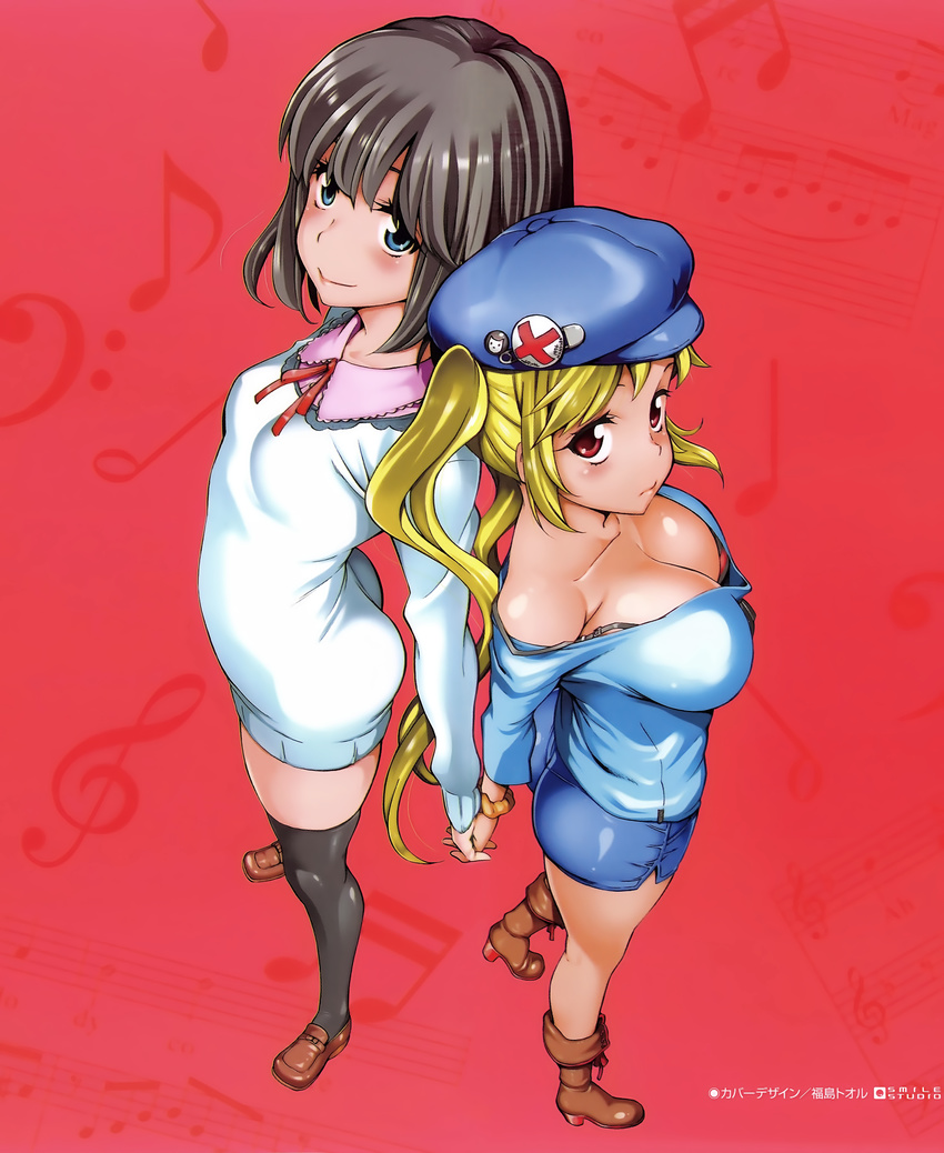 1girl absurdres amatarou ass back-to-back bass_clef beamed_eighth_notes beamed_sixteenth_notes black_bra black_hair black_legwear blonde_hair blue_eyes boots bra breasts cabbie_hat cleavage downblouse dress eighth_note full_body half_note hat highres holding_hands large_breasts loafers long_hair musical_note original otoko_no_ko quarter_note red_eyes scan shoes short_shorts shorts small_breasts smile staff_(music) strap_slip sweater sweater_dress thighhighs treble_clef twintails underwear