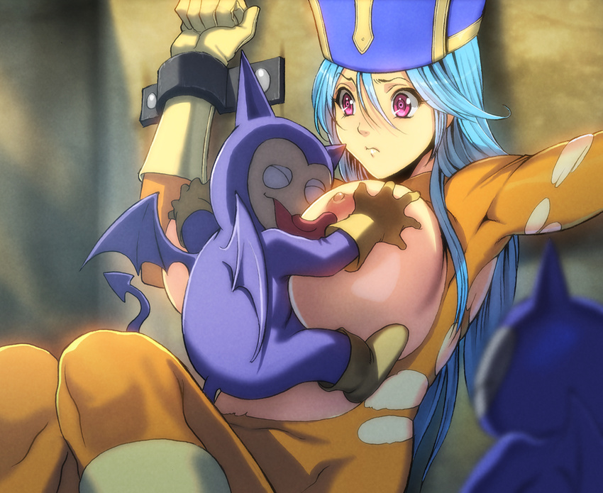1girl bdsm blue_hair bondage bound breast_grab breast_smother breasts dragon_quest dragon_quest_iii grabbing hat homare_(fool's_art) homare_(fool's_art) large_breasts licking long_hair monster nipple_licking priest_(dq3) size_difference tongue torn_clothes
