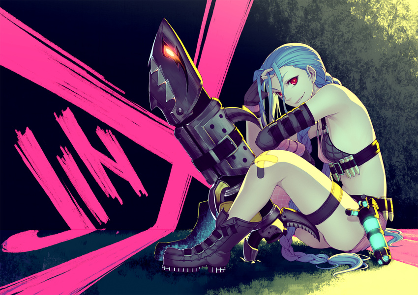 bandaid bare_shoulders boots braid bullet character_name fingerless_gloves gloves highres jinx_(league_of_legends) kimura_daisuke league_of_legends light_smile long_hair looking_at_viewer red_eyes rocket_launcher sitting solo very_long_hair weapon