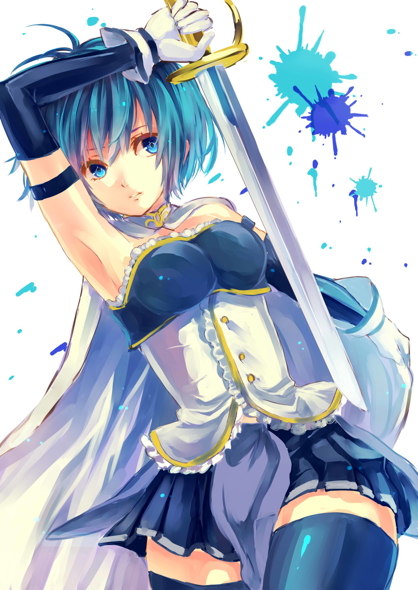 absurdres arm_up armpits bad_id bad_pixiv_id blue_eyes blue_hair cape gloves highres kurenai907 magical_girl mahou_shoujo_madoka_magica miki_sayaka short_hair solo sword thighhighs weapon zettai_ryouiki