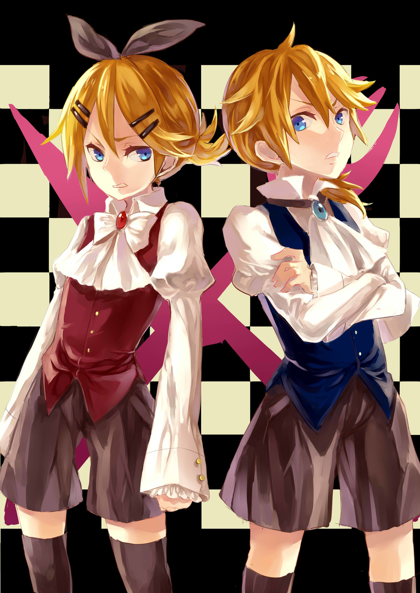 1girl absurdres blonde_hair blue_eyes bow brother_and_sister cravat crossed_arms fork formal hair_bow hair_ornament hairclip highres kagamine_len kagamine_rin knife kurenai907 okochama_sensou_(vocaloid) ponytail shorts siblings twins vest vocaloid