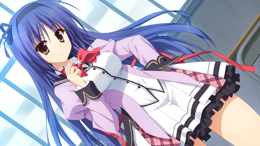 black_eyes blue_hair bow game_cg glace headband koishiki_manual long_hair saeki_nao seifuku shinomiya_shinobu