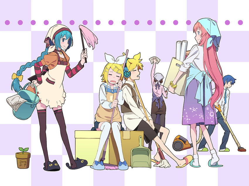 4girls apron aqua_eyes aqua_hair between_legs black_legwear blonde_hair bow box braid broom brother_and_sister brown_hair bucket checkered checkered_background cleaning closed_eyes drooling duster dustpan hair_bow hand_on_hip hatsune_miku headphones holding kagamine_len kagamine_rin kaito long_hair megurine_luka meiko mop multiple_boys multiple_girls necktie open_mouth pink_hair plant pleated_skirt rag scrunchie shiwasu_takashi short_hair shorts siblings single_braid sitting skirt slippers smile socks striped thighhighs twins vacuum_cleaner very_long_hair vocaloid white_legwear