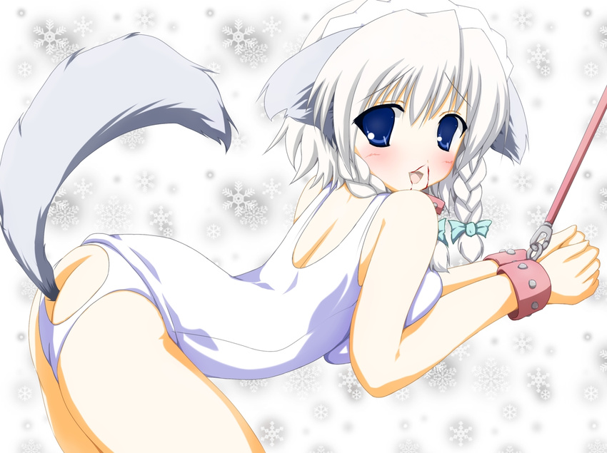 1girl animal_ears artist_request bdsm big_breasts blood blue_eyes blush bondage bound braids breast_squish breasts butt_plug buttplug buttplug_tail canine collar cuffs dog dog_ears dog_tail female floppy_ears hair inu_sakuya izayoi_sakuya large_breasts looking_at_viewer looking_back mammal nosebleed open_mouth panties raised_tail sakuya_izayoi simple_background smile snow_flakes solo swimsuit tail thighs tongue touhou twin_braids underwear unknown_artist white_hair