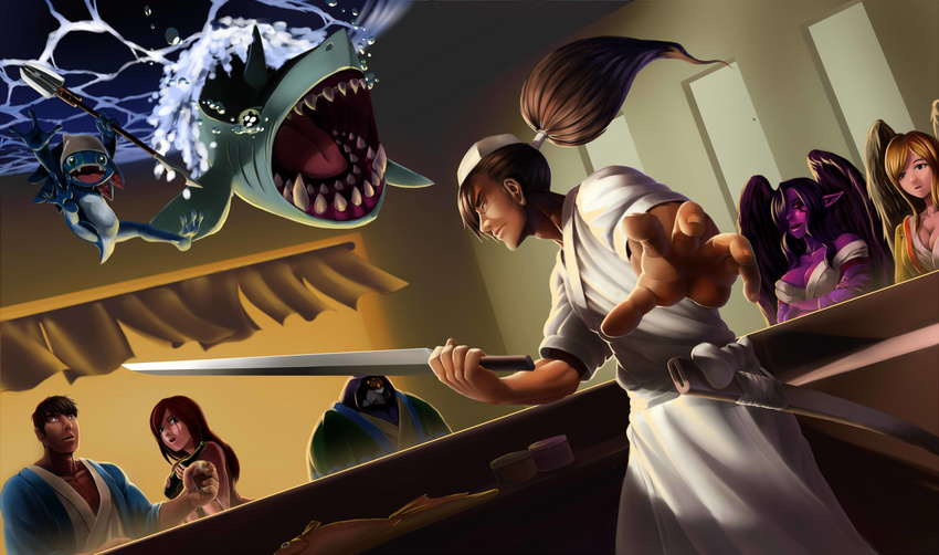 3girls absurdres alcohol beer black_eyes blonde_hair blue_eyes breasts brown_hair chef chomper cleavage fang fish fizz_(league_of_legends) garen_crownguard highres jax_(league_of_legends) katarina_du_couteau kayle kitchen_knife league_of_legends medium_breasts morgana multiple_boys multiple_girls open_mouth pointy_ears polearm ponytail purple_hair purple_skin red_eyes red_hair scabbard scar scar_across_eye shark sheath siblings sisters sword tai75105 tears trident water weapon wings yasuo_(league_of_legends)
