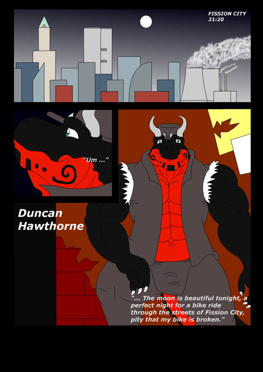 2014 anthro building city clothing dragon duncan_hawthorne english_text horn male maxime-jeanne muscles naga outside pecs pose reptile scalie solo standing text