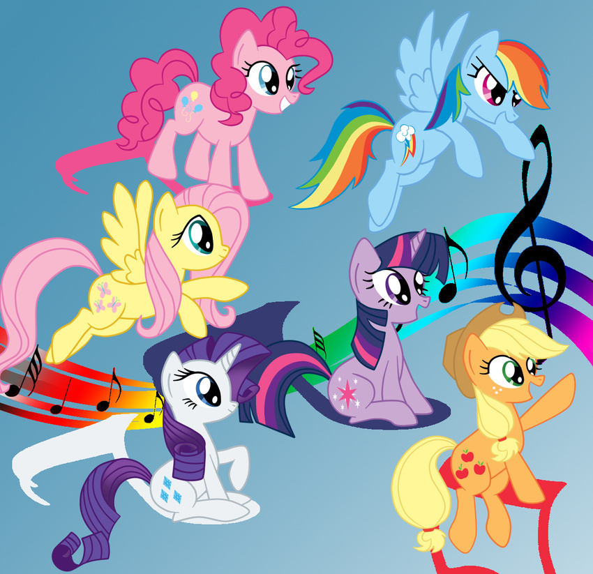 blonde_hair blue_eyes blue_fur cutie_mark equine female feral fluttershy_(mlp) friendship_is_magic fur g_clef gradient_background green_eyes group hair horn horse long_hair mammal mane mlpazureglow multi-colored_hair musical_note my_little_pony orange_fur pegasus pink_fur pink_hair pinkie_pie_(mlp) pony purple_eyes purple_fur purple_hair rainbow_dash_(mlp) rainbow_hair rarity_(mlp) short_hair twilight_sparkle_(mlp) unicorn white_fur wings yellow_fur