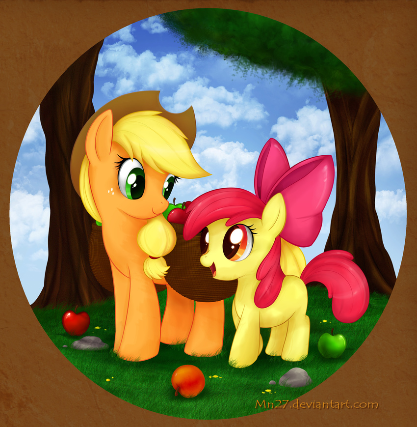 amber_eyes apple apple_bloom_(mlp) applejack_(mlp) bag blonde_hair border bow circle cloud cowboy_hat cub detailed_background equine eye_contact female feral friendship_is_magic fruit fur green_eyes hair hat hi_res horse mammal mn27 my_little_pony open_mouth orange_fur photo_background pony quadruped red_hair saddle_bag scenery shaded sibling sisters sky smile standing tree wood yellow_fur young